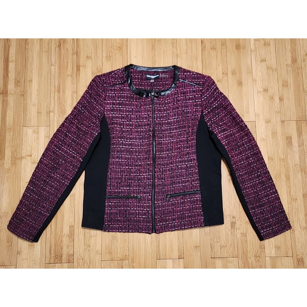 Karl Lagerfeld Paris Womens 14 Pink Purple Zip Front Tweed Jacket Blazer Cropped